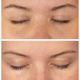 Before and after image features lash serum that conditions and nourishes with castor oil, argan oil and coconut oil